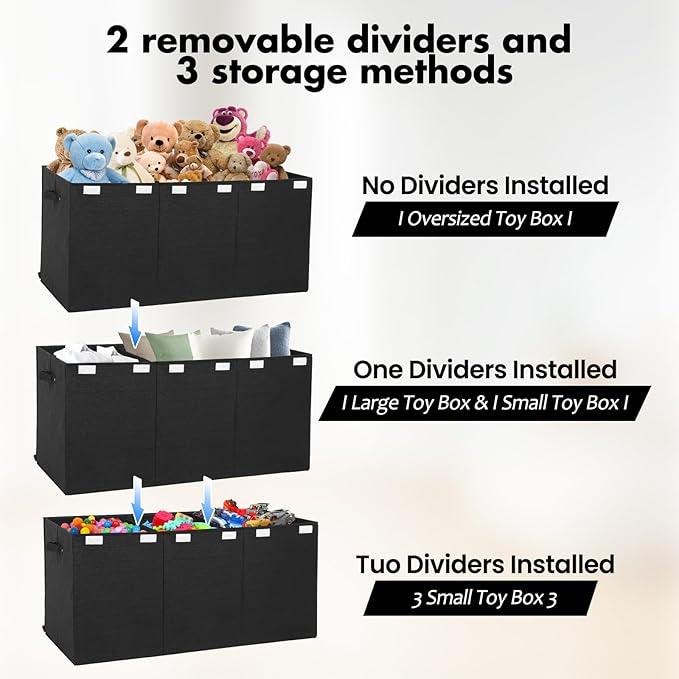 Extra Large Toy Box 167L, Sturdy Toy Storage Chest Organizer Bin Baskets with 2 Removable Divider for Boys, Girls, Kids, Nursery, Bedroom, Playroom, 35.5"x17" x17" (Linen Black)-NeatNest