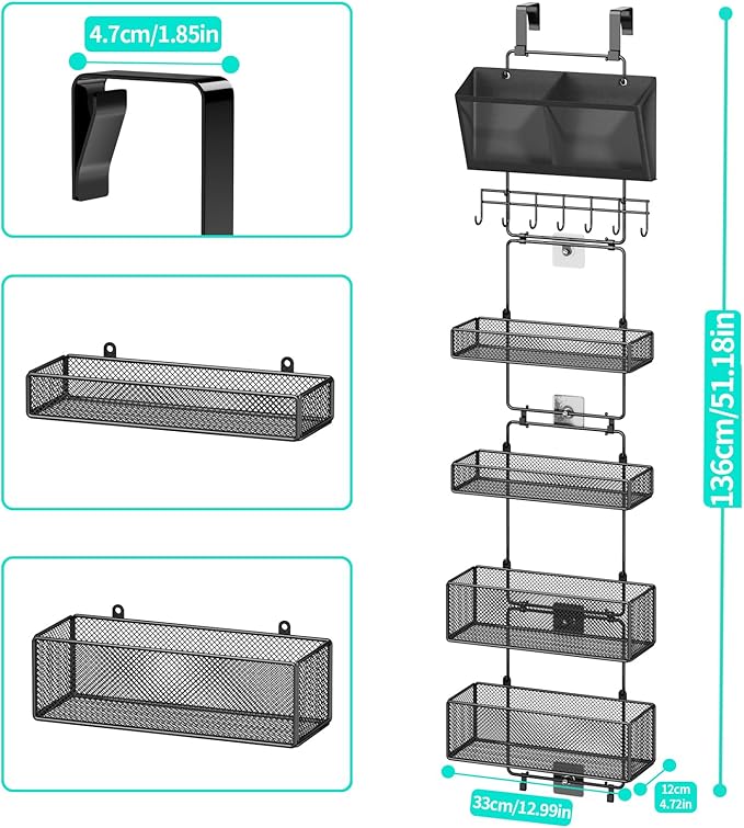 HapiRm Over Door Organizer Hanging - 6 Tier Over The Door Storage with Visual Pockets & Hooks, with 4 Metal Large Capacity Baskets for Bathroom Bedroom Kitchen Pantry Cabinet