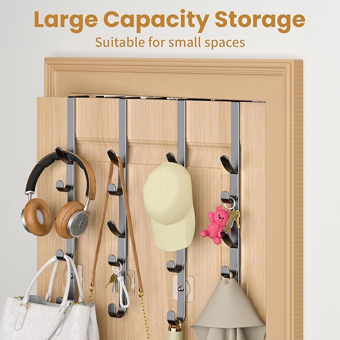 Over The Door Hooks, Metal Door Hooks for Hanging, Over The Door Purse Organizer for Coat Hanger, Back of Shower Door for Hanging Towel Rack Clothes, Hat, Bathroom, Closet (Black-4Packs)