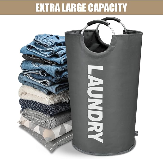 DOKEHOM 90L Large Laundry Basket, Collapsible Laundry Bag, Freestanding Tall Clothes Hamper, Foldable Washing Bin (Dark Grey)-NeatNest