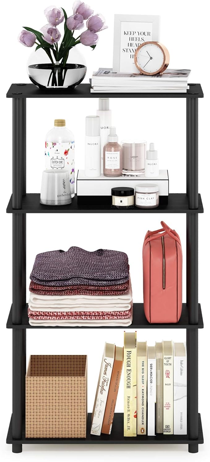 Furinno Turn-N-Tube 4-Tier Multipurpose Shelf Display Rack, Round Tubes, Americano/Black-NeatNest