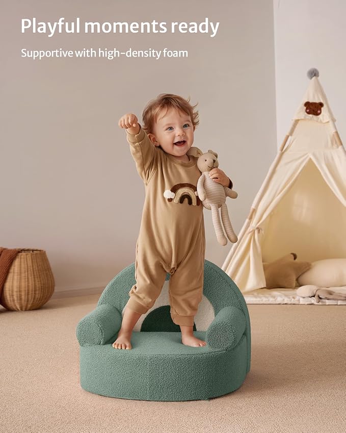 Blissful Diary Toddler Chair Comfy, Foam Kids Chair with Soft Teddy Plush, Toddler Reading Chair with Cute Arclet Designs- Sage Green-NeatNest