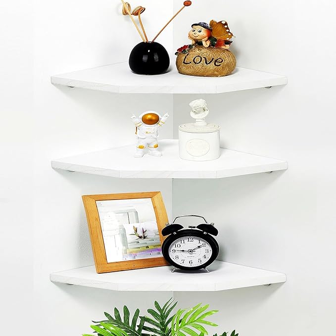 Corner Wall Shelves, Wood Corner Floating Shelves with Cable Raceway, Wall Mount Storage Display for TV Accessories, Monitor, Speaker, Cable Box, Game Console (White, Diamond- 10 Inch)-NeatNest