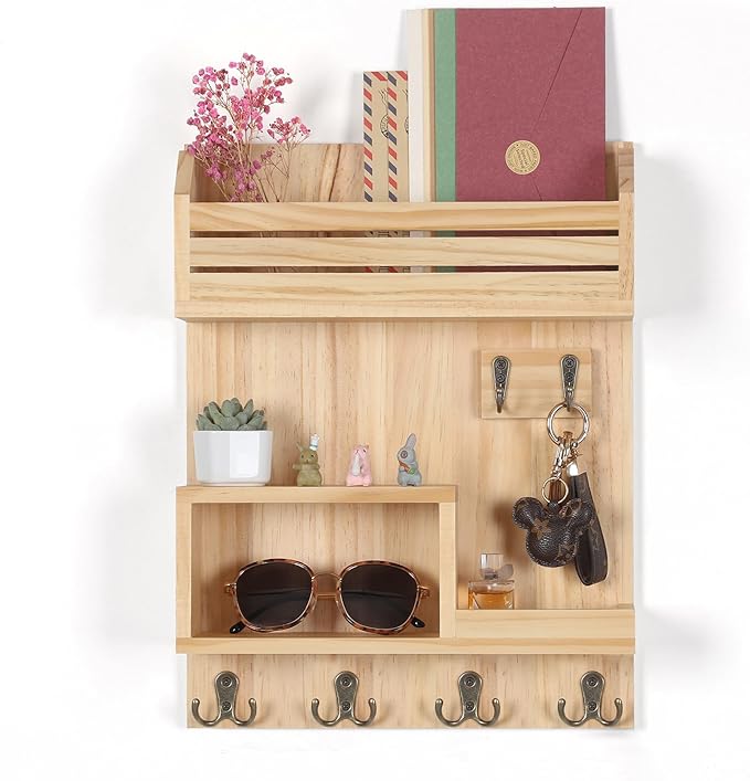 DOPACE Key Holder for Wall, Wall Mounted Mail Organizer with 6 Key Hooks for Sunglasses Storage and Dog Leash Hanger, Natural Color