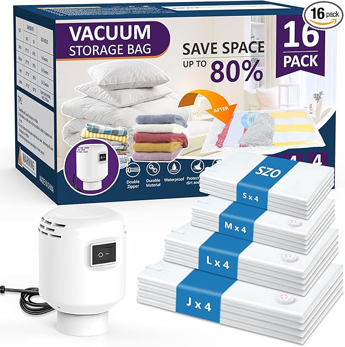 SZO 16 Pack Vacuum Storage Bags With Electric Air Pump,(4 Jumbo/4 Large/4 Medium/4 Small) Vacuum Seal Bags For Clothing Travel, Space Saver bags For Luggage, Blankets,Bedding,Moving Bags-NeatNest