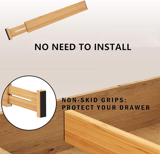 BAMEOS Drawer Dividers kitchen Organization Bamboo Utensil Organizers for Kitchen Bedroom Bathroom Dresser Office 4-pack-NeatNest