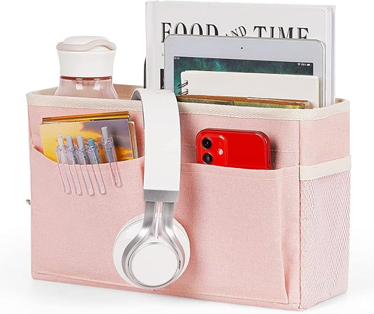 Bedside Caddy Bedside Storage Organizer Hanging Bunk Bed Dorm Room with Side Pockets for Water Bottles, Books, Cell Phones, Headphones (Pink)-NeatNest
