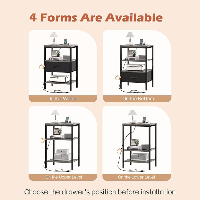 SUPERJARE Nightstand Set of 2, Bed Side Tables with Charging Station, Adjustable Fabric Drawer, Night Stand for Bedroom, 3-Tier Storage End Tables, for Living Room - Charcoal Gray