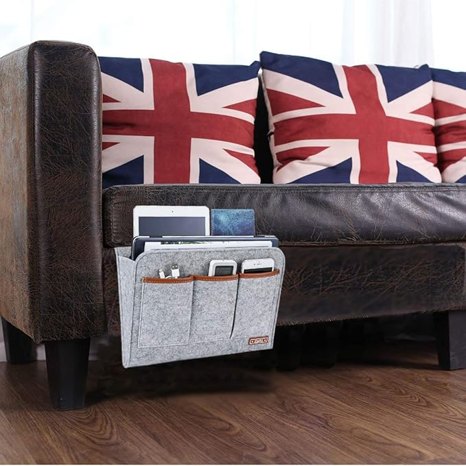 Bedside Caddy, 6 Pockets Large Size Bedside Storage Organizer Bedside Organizer Caddy for Magazine Remotes Phone (13.4'' x 18.1'', Light Grey)-NeatNest