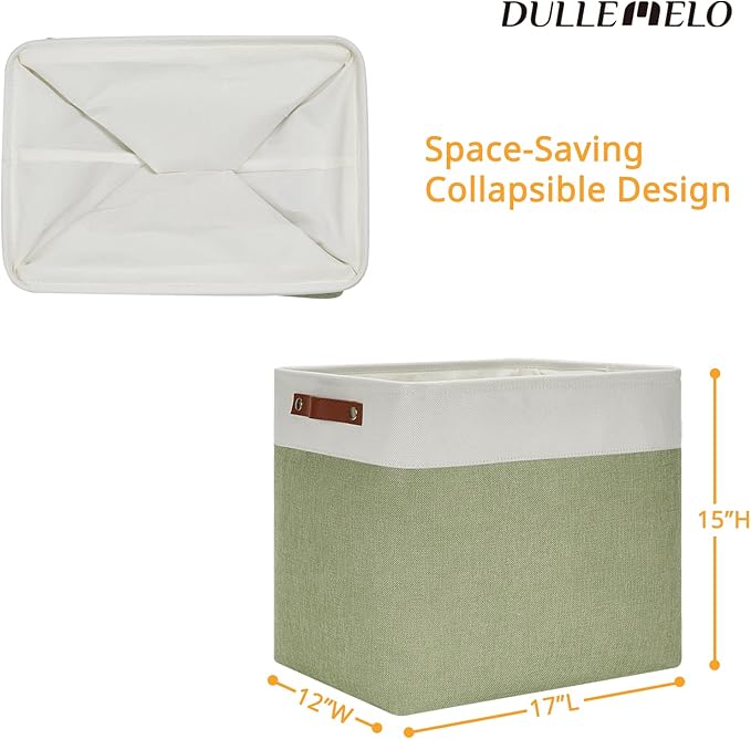 DULLEMELO Large Storage Basket 17"x12"x15", Fabric Storage Organizer Basket for Storage Clothes, Large Fabric Bin for Organizing Book, Storage Bin with Handles for Storage Toy (White&Green)-NeatNest
