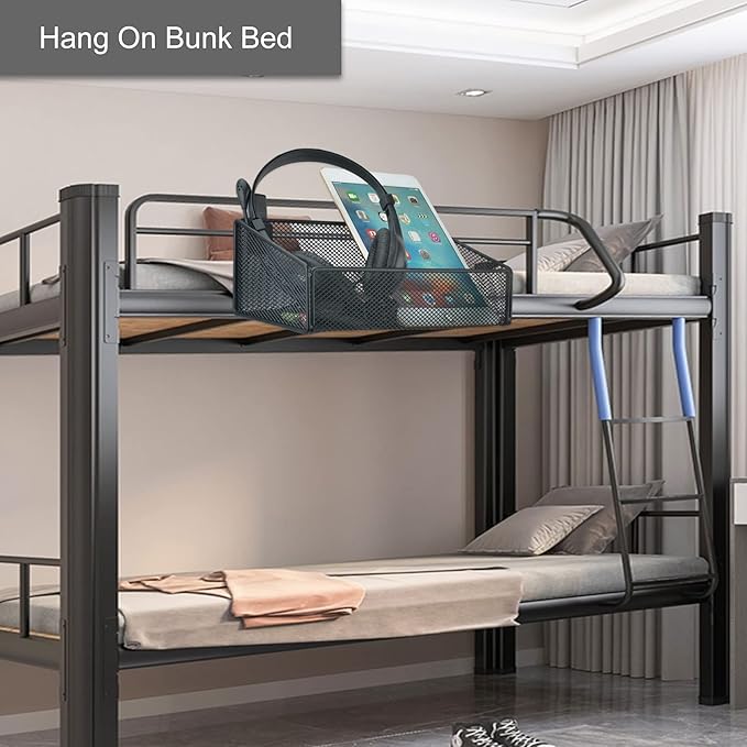 Bedside Caddy Hanging Storage Basket Beside Shelf Metal Organizer for Collage Dorm Bunk Bed,Hospital Bed,Baby Bed - Bedroom Essentials for Magazine,Remote Control,Phone,Drinks (White)-NeatNest