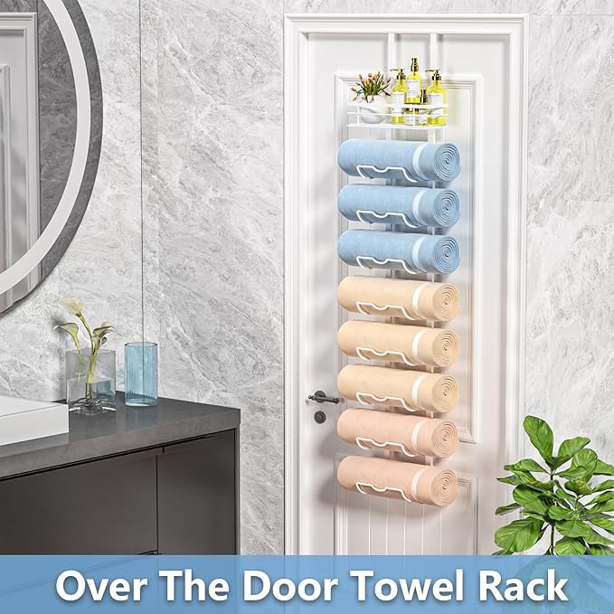 9-Tier Over The Door Towel Rack,Towel Racks for Bathroom, Metal Towel Holder with Storage Basket,Towel Rack for Rolled Towels,Bathroom Shelves,White