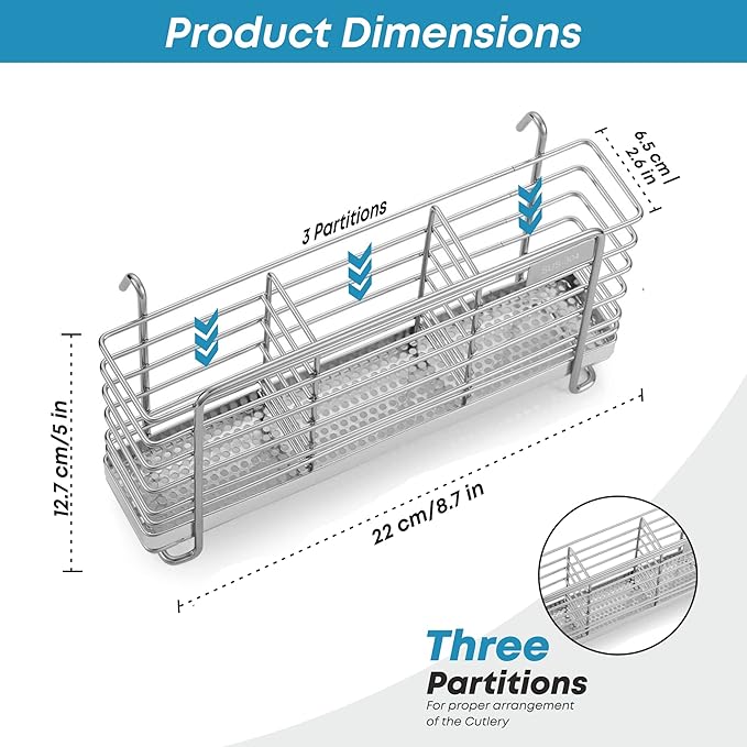 KESOL Sturdy 304 Stainless Steel Utensil Drying Rack Basket Holder with Hooks 3 Divided Compartments, Rust Proof, No Drilling-NeatNest