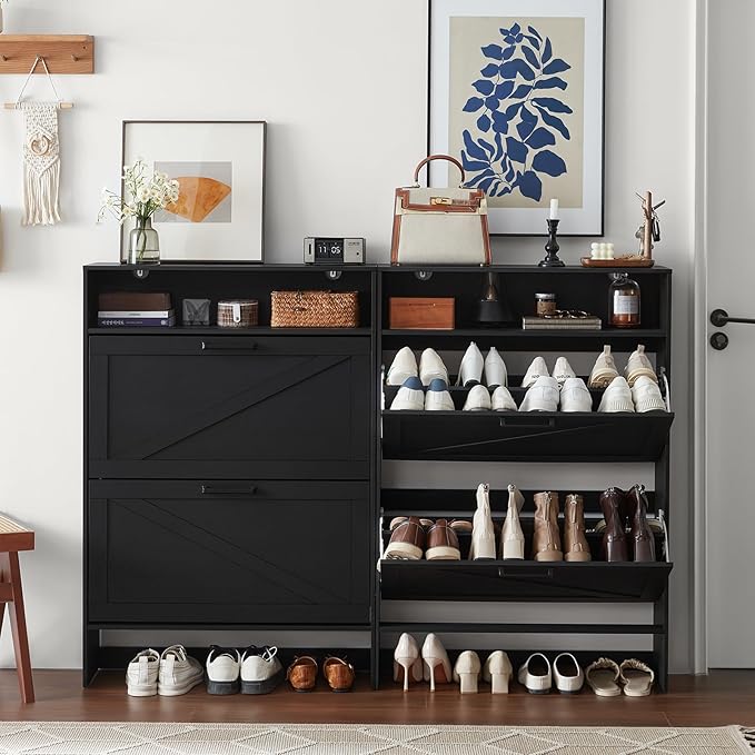 Shoe Storage Cabinet with 2 Flip Drawers,Farmhouse Narrow Shoe Organizer with Legs,Freestanding Hidden Slim Shoe Rack Cabinet with Open Storage for Entryway,Hallway, Foyer, Black-NeatNest