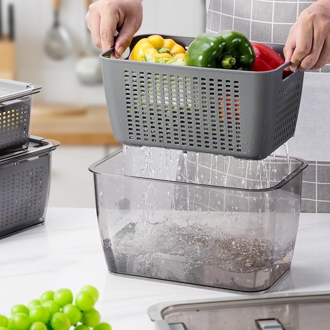 Fresh Fruit Vegetable Storage Containers, 3 Pack Produce Saver Container for Fridge with Lids &Removable Colander BPA-Free Refrigerator organizer for Fruit, Veggie Berry, Meat Keep Fresh Longer- Grey