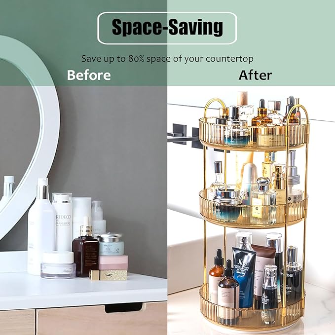 Rotating Makeup Organizer Countertop 3 Tier Lazy Susan Trays Clear Skincare Perfume Storage for Bathroom Counter Vanity, Amber Gold-NeatNest