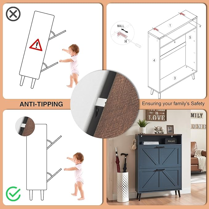 Shoe Storage Cabinet,Farmhouse Shoe Organizer with 2 Flip Drawers & Barn Door Design,Freestanding Hidden Slim Narrow Shoe Rack Cabinet with Open Storage for Entryway, Foyer,Hallway,Blue-NeatNest