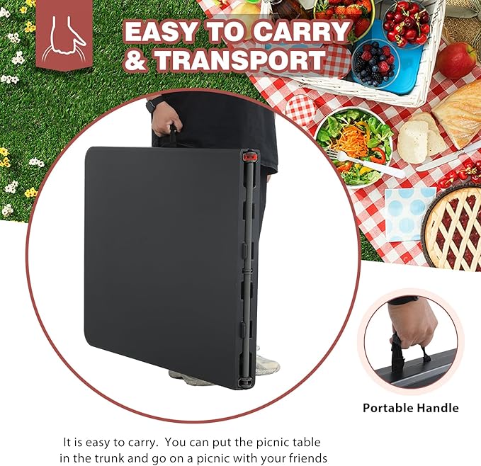 Folding Table 6 FT Heavy Duty Plastic Foldable Table with Carrying Handle for Garden Party Picnic Camping BBQ Dining Kitchen Wedding Market Events, Black-NeatNest