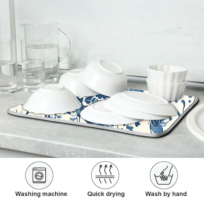 Absorbent Dishes Drainer Mat for Countertop Small Size 16 x 18, Microfiber Blue White Pattern Dish Drying Pads Kitchen Counter Draining Pad