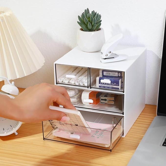 Makeup Organizer with 4 Drawers, Desk Organizer, Cosmetics Storage Box for nail polish, Lipstick, Brushes, Jewelry, Skincare, Bathroom Organization Boxes - White-NeatNest