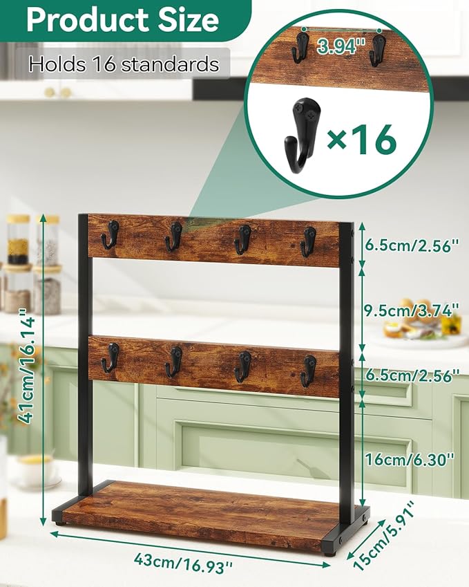 IBUYKE Wood Coffee Mug Holder for Countertop,16 Hook Mug Tree Holder Rack with Storage Base,Mug Display Organizer,Mug Holders for Home Kitchen, Rustic Brown UTBJ001H-NeatNest