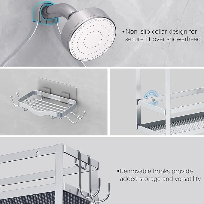 Meangood Shower Caddy Organizer with Soap Holder, Mounting Over Shower Head Or Door, Extra Wide Space for Shampoo, Conditioner, and Soap with Hooks for Razorsand More, Matte Silver