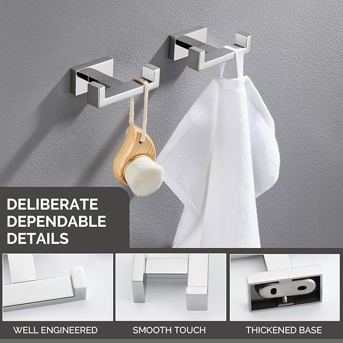 Angle Simple Double Towel Hooks, SUS 304 Stainless Steel Robe Coat Wall Hooks for Bathroom, Polished Chrome, 2 Pack