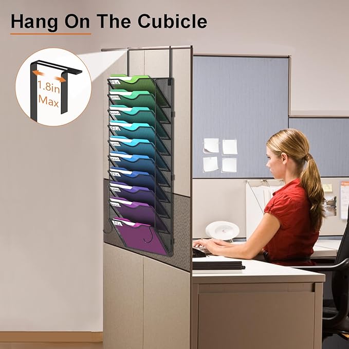 10 Pocket Mesh Hanging Wall File Organizer, Wall Mounted Mail Paper Document Folder Holder, Foldable File Folder Organizer with Label Panel | 2 Hooks | Office Home School Organizer, Black