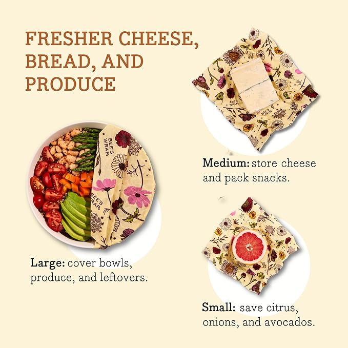 Bee's Wrap Vegan Beeswax Wraps for Food - Vegan Meadow Magic 3 Pack (S, M, L) Made in USA Reusable & Organic Food Wraps, Sandwich Wrap & Bowl Covers - Eco Alternative to Aluminum Foil & Plastic Wrap-NeatNest