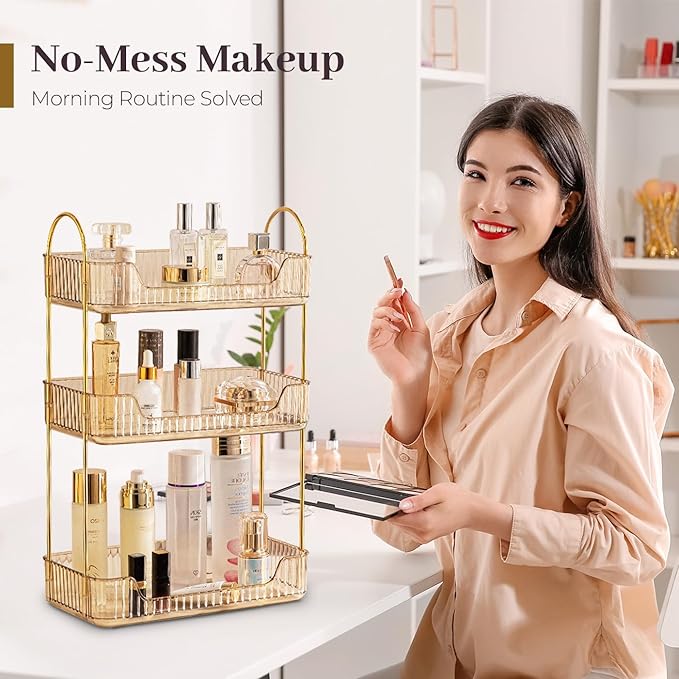 Bathroom Counter Organizer Countertop, 3 Tier Makeup Perfume Shelf Storage, Skincare Cosmetic Tray for Dresser Vanity - Gold-NeatNest