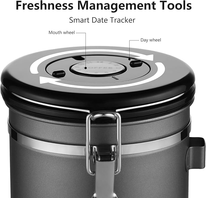 Bincoo Premium Grey Coffee Canister, 1500ml/18oz Large Airtight Stainless Steel Coffee Bean Storage Container with Date Tracker & Scoop (1500ML-Grey)-NeatNest
