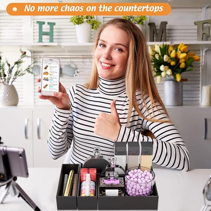 Black Bamboo Drawer Organizer - Silverware&Utensil Holder Organizer for Kitchen Drawers, Multi-Use Drawer Dividers Boxes for Bathroom Counter,Cabinet, Garage, Office Desk, Makeup, Jewelry (6"3"2.5")-NeatNest