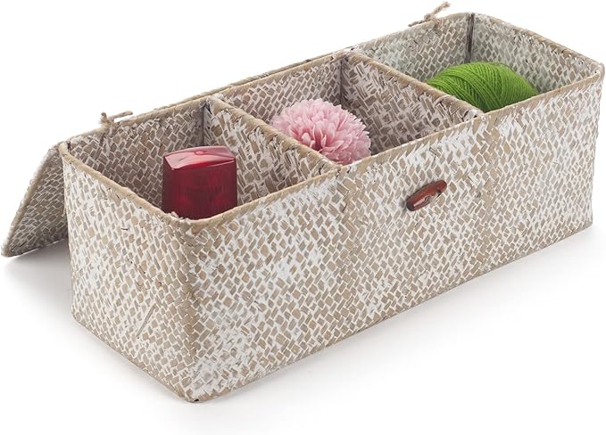 3 Section Seagrass Storage Basket, Handmade Shelf Baskets with Lid for Bathroom/Closet/Livingroom