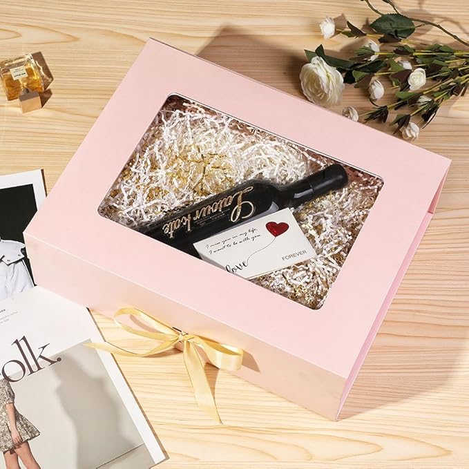 3 Pcs Pink Extra Large Gift Box for Presents with Ribbon 16.5x13x5.3 Inches Clear Gift Box with Window Magnetic Closure Gift Boxes with Lids-NeatNest
