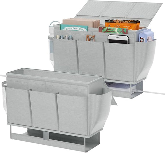 Bedside Caddy, Bed Organizer with 11 Pockets and Power Strip Holder, Versatile Bedside Storage Caddy for Home,Dorm,Bunk,Hospital,Crib Bed (2 Pack Grey)-NeatNest