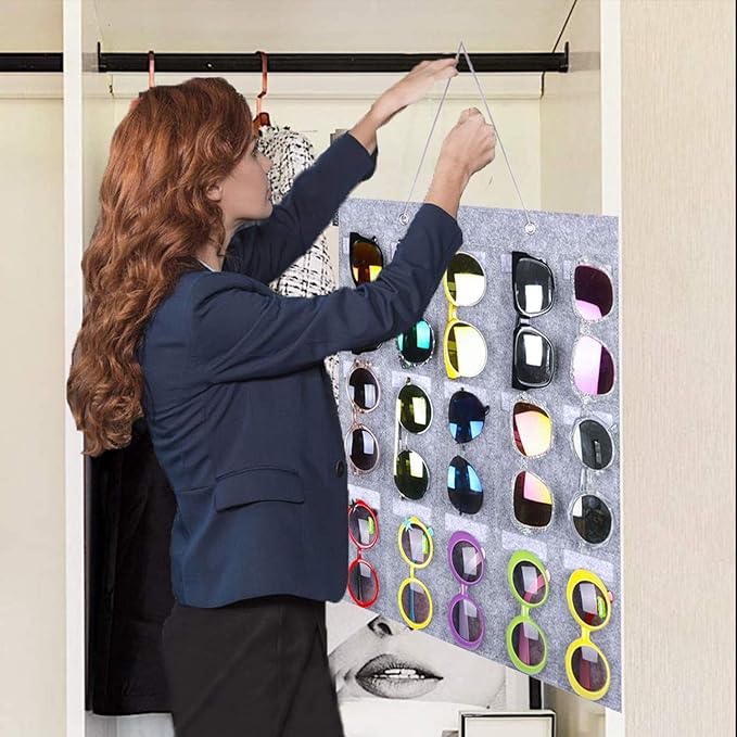 AROUY Sunglasses Organizer Storage, Hanging Wall Pocket Glasses Organizer - 15 Felt Slots Sunglass Organizer Holder Eyeglass Display with Sturdy Rope (Gray, Small)-NeatNest