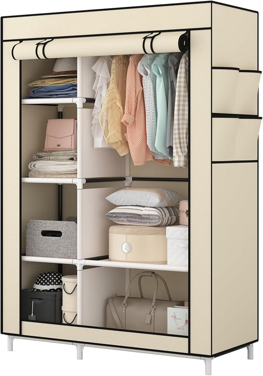 Calmootey Portable Closet Organizers, Clothing Storage, Wardrobe with 6 Shelves and Hanging Rod, Non-Woven Fabric Cover with 4 Side Pockets, Beige-NeatNest