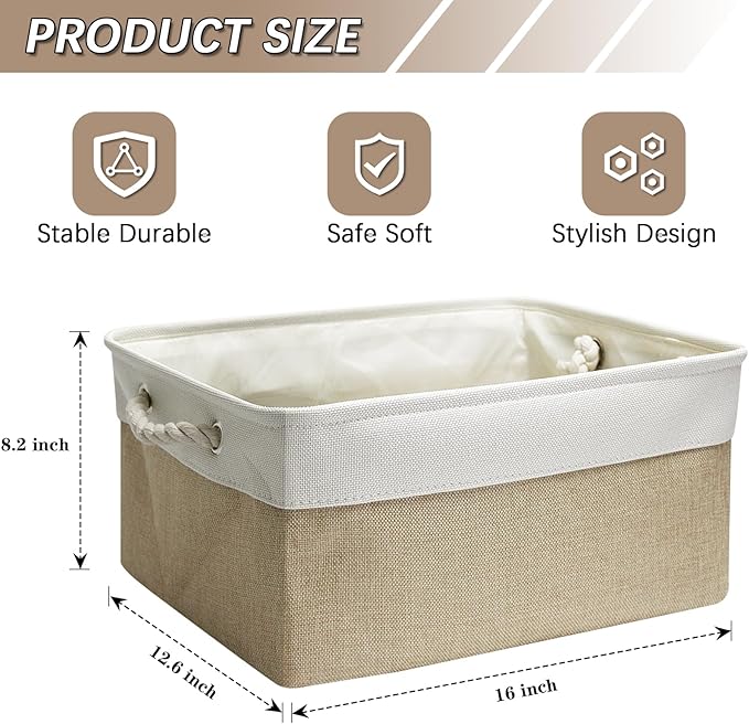 Fabric Storage Bins, 2 Pack Foldable Cube Baskets with Rope Handles, Large Collapsible Storage Cubes for Home, Office, Closet, Clothes, Books Organizer. (Khaki and White, 2PCS/16*12.6*8.2inch)-NeatNest