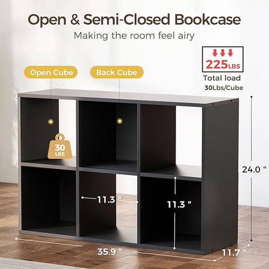 COMHOMA 6 Wood Cube Storage Organizer with Open Back and Removable Back Panels, 11In Black Cube Storage Bookshelf, Cubicle Shelf Bookcase for Home Office Bedroom Living Room, Vertical or Horizontal-NeatNest