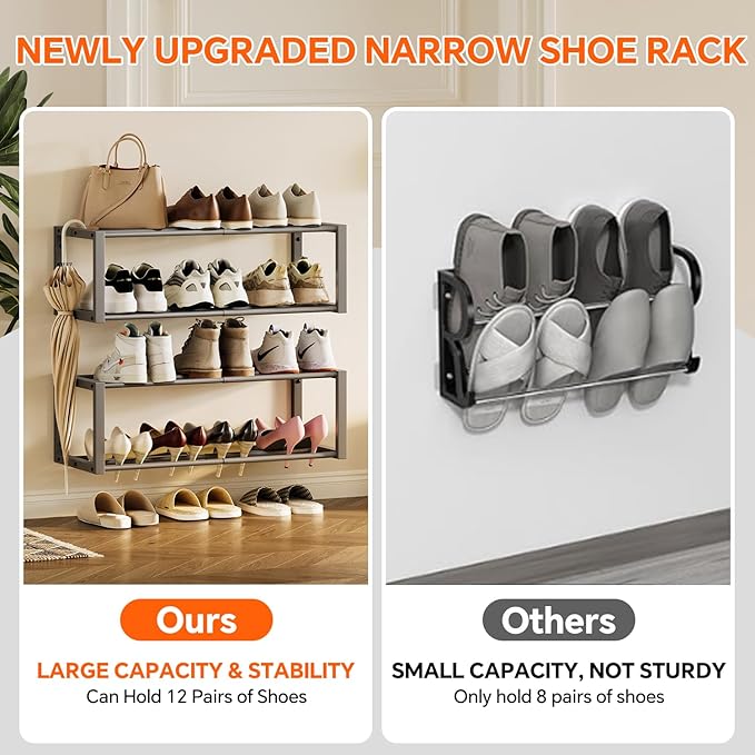 Homeiju Hanging Shoe Organizer,2 Pack Wall Mounted Shoe Rack Holds 12 Pairs,Space Saving Metal Wall Shoe Rack,Hanging Shoe Rack Shoe Holder for Small Space,Entryway,Closet,RV,Camper (Grey)-NeatNest