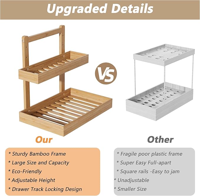 Bamboo Under Sink Organizer and Storage, 2 Tier Pull Out Cabinet Organizer, Slide Out Under Sink Storage Shelf, Undersink Organizers Shelves for Kitchen Bathroom Organization (Nature, 1 Pack)-NeatNest