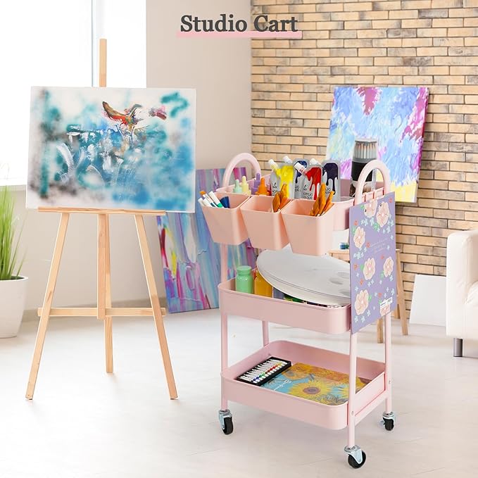 Danpinera 3-Tier Rolling Cart, Metal Storage Cart with Lockable Wheels, Hanging Cups & Hooks, Mobile Trolley for Kitchen, Bathroom, Office, Workshop, Pink-NeatNest