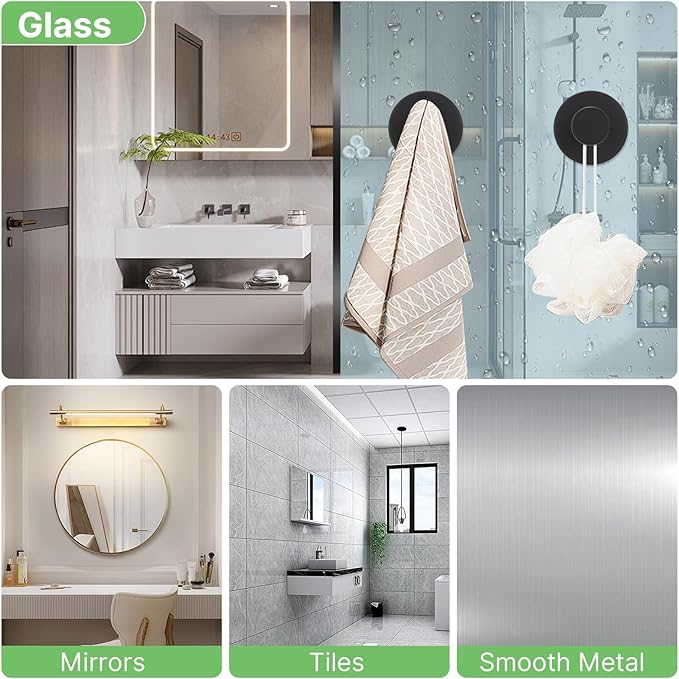 Black Waterproof Suction Cup Hooks, 4-Pack Heavy Duty Stainless Steel No Drill Shower Hooks for Hanging Towels, Robes, Loofahs, Holder Holds Strong on Tile, Glass, Mirror, Wall, Bathroom Door-NeatNest