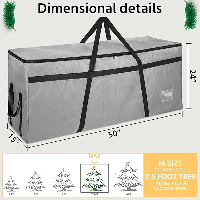 7.5 ft Christmas Tree Storage Bag, Heavy Duty Christmas Tree Bag with Reinforced Handles and Dual Zippers Wide Opening, Large Capacity fits for Artificial Christmas Tree (Grey, 7.5 ft)-NeatNest