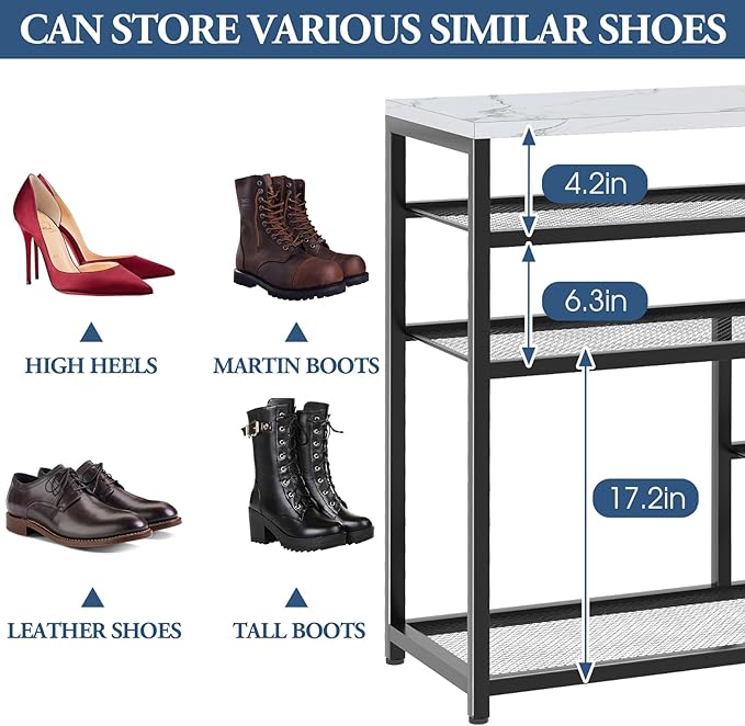 Shoe Rack Bench for Entryway,Free Standing Shoe Storage Organizer for Front Door Entrance,Boot Rack Holder Shelf for Closet with Seat,Sturdy Shoe Shelves for High Heels, Hallways,White Marble-NeatNest