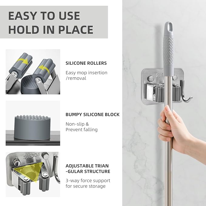 Broom Holder Wall Mount with Screws (4 Pack) Broom and Mop Organizer Wall Hanging, Anti-Slip Mop Holder Broom Hanger with Hooks, Stainless Steel Tool Rack for Garden Garage Organization-NeatNest