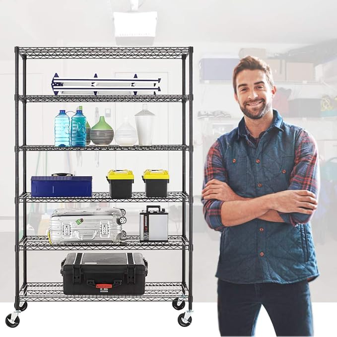 BestOffice NSF Wire Shelving Unit 6-Shelf Large Storage Shelves Heavy Duty Metal Wire Rack Height Adjustable Commercial Grade Utility Storage Rack on 4" Casters 6000LB Capacity 18x48x76,Black-NeatNest