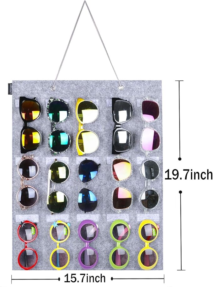 AROUY Sunglasses Organizer Storage, Hanging Wall Pocket Glasses Organizer - 15 Felt Slots Sunglass Organizer Holder Eyeglass Display with Sturdy Rope (Gray, Small)-NeatNest