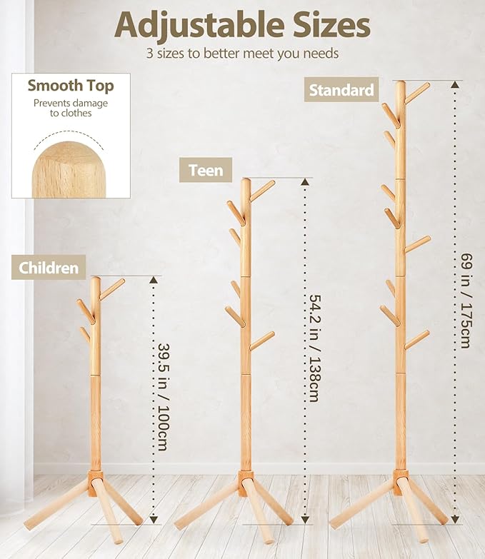 Beech Wood Coat Rack Stand with 9 Hooks, 3 Height Adjustable, simple Freestanding Solid Wooden Coat Tree Hanger for Clothes, Hats, Scarves, bags, Jackets, Bedroom, livingromm(Natural Wood)-NeatNest