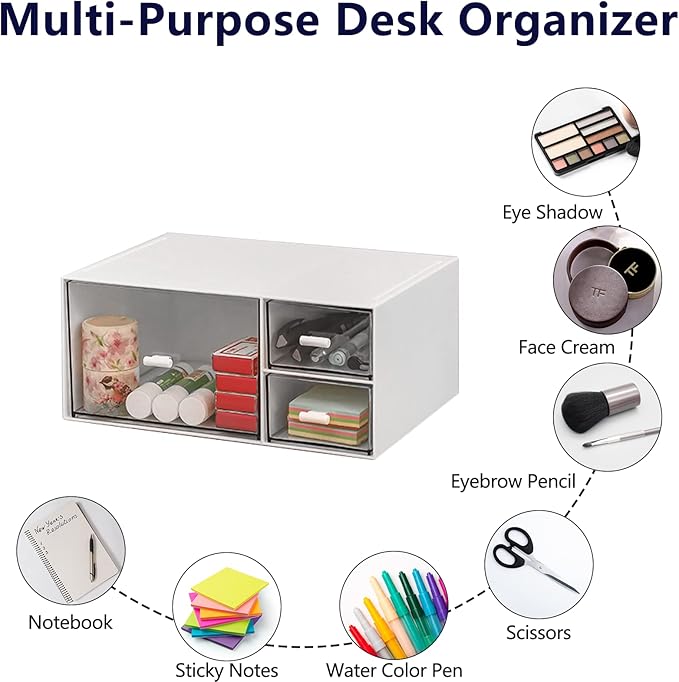 Desk Organizer Stackable Storage Drawers with 3 Compartments Stackable Drawers Great for Desk Storage, Makeup Storage Bathroom Organization Accessories Etc (White)-NeatNest
